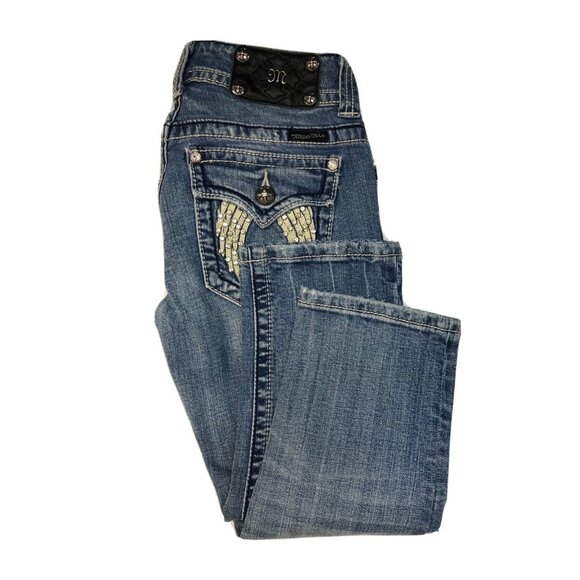 Miss Me Womens 26x19 Blue Denim Jeans Capri Distressed Angel Wings - Picture 1 of 10